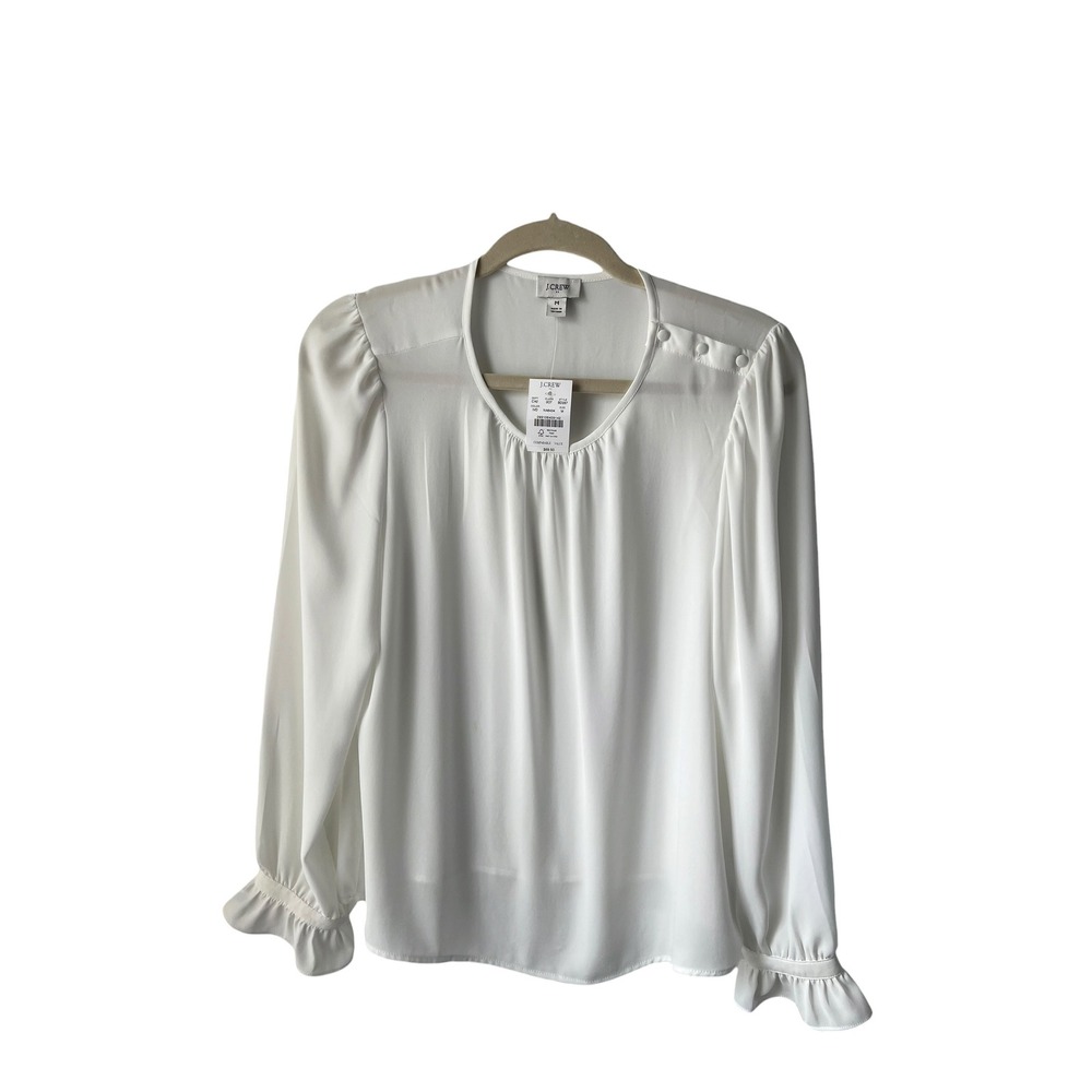 NEW J.Crew Classic Minimalist Top Long Sleeve Button Ruffle Cuff Ivory White M